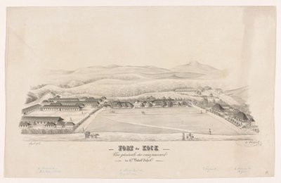 Utsikt över Fort de Kock Fort de Kock / Vue générale du campemente / du 17de Batail.on Infant.rie (titel på objekt) av R. Walthert (signed by artist)
