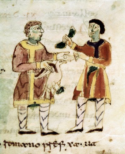Kycklingens köpman från ett manuskript ""De Universo"" (ou De rerum naturis (De la Nature des choses) av Rabanus Maurus or Mauro Rabano Magnentius