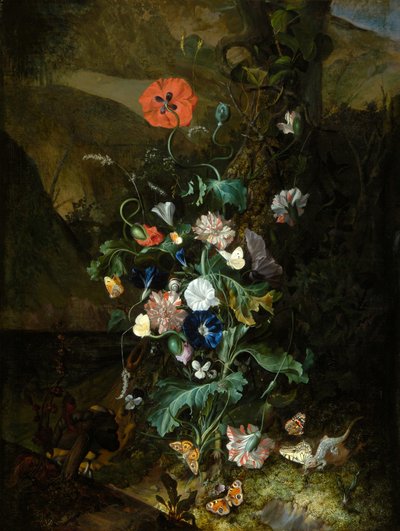 Ett blomsterarrangemang vid en trädstam , ca 1683 (olja på duk) av Rachel Ruysch