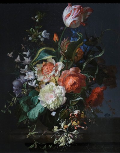 Blommor i en glasvas med en tulpan av Rachel Ruysch
