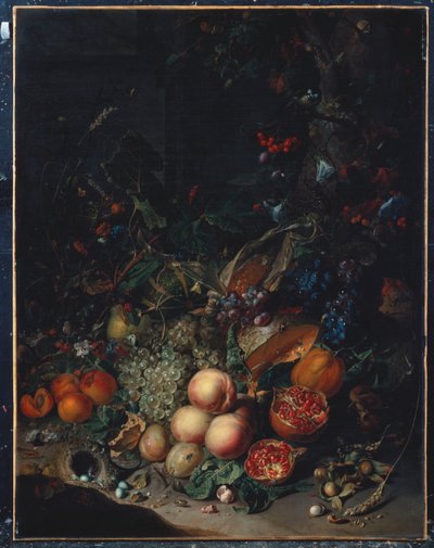 Persikor, vindruvor, granatäpplen, meloner, en majskolva, aprikoser, plommon, päron, ekollon, 1718 av Rachel Ruysch