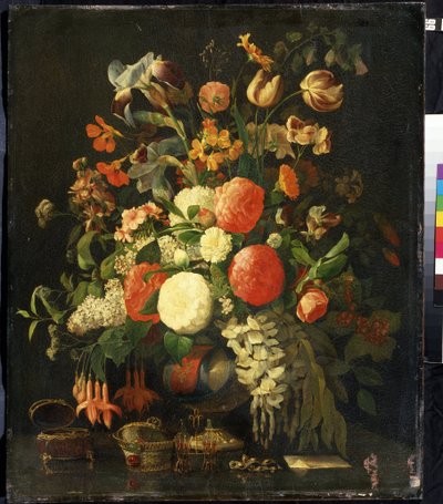 ""Bukett med blommor"" (Blommor) På bordet står smyckeskrin. Målning av Rachel Ruysch (1664-1750) Mikhail Kroshitsky Art Museum från 1700-talet, Sevastopol (Sevastopol) Ukraina av Rachel Ruysh