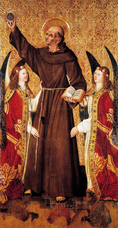 S:t Bernard och änglarna, mittpanel av St Bernards altartavla av Rafael Tomas (aktiv 1455-1479), predella av Joan Figuera (aktiv från 1454-död 1477 eller 1479), tempera på panel, 398, 9x253 cm av Rafael & Figuera Joan (active c.1454 1477) Tomas