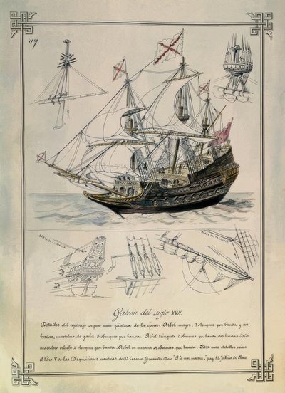 1600-TALS-GALEON I EN 1800-TALSRITNING av Rafael Monleon y Torres