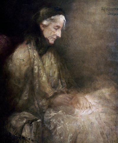 Porträtt av Cosima Wagner (1838 - 1930), dotter till Franz Liszt, fru till Richard Wagner (olja på duk) av Raffael Woldan Schuster