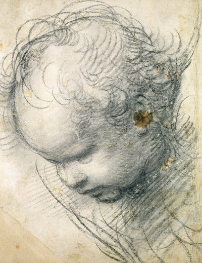 Cherubhuvud (svart krita och kol på papper) av Raffaello Sanzio Raphael