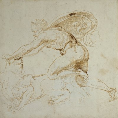 Herkules övermannar ett lejon (penna och brunt bläck på vitt papper) av Raffaello Sanzio Raphael
