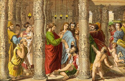 Peter och Johannes botar den impotenta mannen (chromolitho) av Raffaello Sanzio Raphael