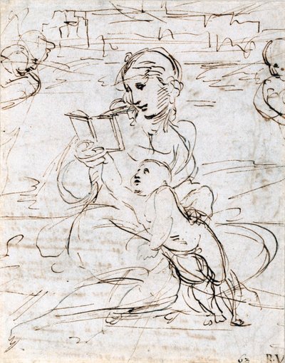 Läser Madonna och barn i ett landskap mellan två kerubhuvuden, 1509 av Raffaello Sanzio Raphael