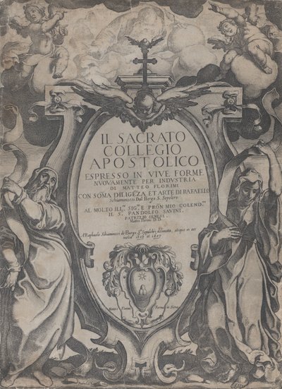 Frontispice med två figurer som håller rullar och keruber som flankerar kartuschen vid cen..., 1606-07. av Raffaello Schiaminossi