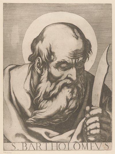 Sankt Bartolomeus S. Bartholomew (titel på objekt) Kristus, Maria och de tolv apostlarna (serietitel) Il sacrato collegio apostolico (serietitel) av Raffaello Schiaminossi