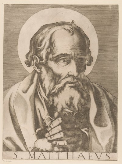 Sankt Matteus S. Matthaeus (titel på objekt) Kristus, Maria och de tolv apostlarna (serietitel) Il sacrato collegio apostolico (serietitel) av Raffaello Schiaminossi