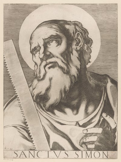 Saint Simon Zelotes Saint Simon (titel på objekt) Kristus, Maria och de tolv apostelen (serietitel) The Sacred Apostolic College (serietitel) av Raffaello Schiaminossi
