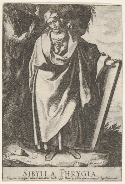 Plåt 9: den frygiska sibyllan som håller toppen av en tablett med vänster hand och pekar mot..., 1609. av Raffaello Schiaminossi