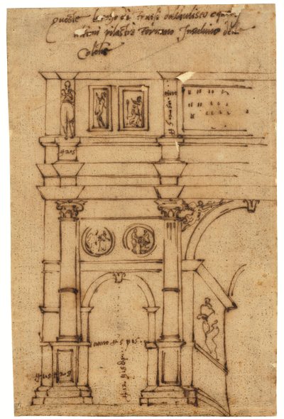 En partiell upphöjning av Konstantinbågen i Rom (penna och brunt bläck, på oljat kalkerpapper) av Raffaello da Montelupo