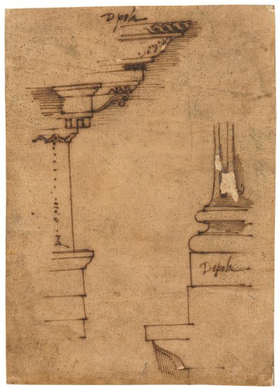 Förslag till entablement och piedestalbas (penna och brunt bläck, på oljat kalkerpapper) av Raffaello da Montelupo