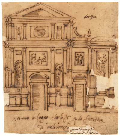 Förslag till fasaden på San Lorenzo, Florens (penna och brunt bläck, på oljat kalkerpapper) av Raffaello da Montelupo