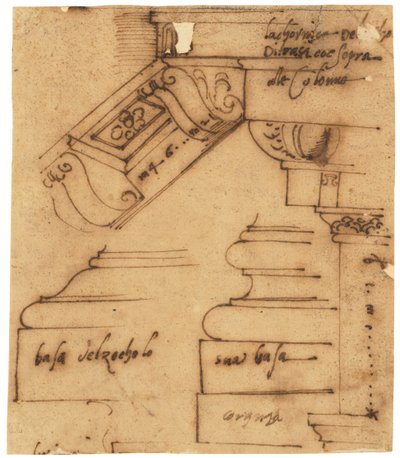 Skisser av olika delar av Konstantinbågen, Rom (penna och brunt bläck, på oljat kalkerpapper) av Raffaello da Montelupo