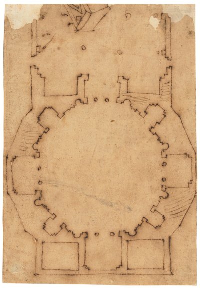 Grundplanen till en kyrka (penna och brunt bläck, på oljat kalkerpapper) av Raffaello da Montelupo