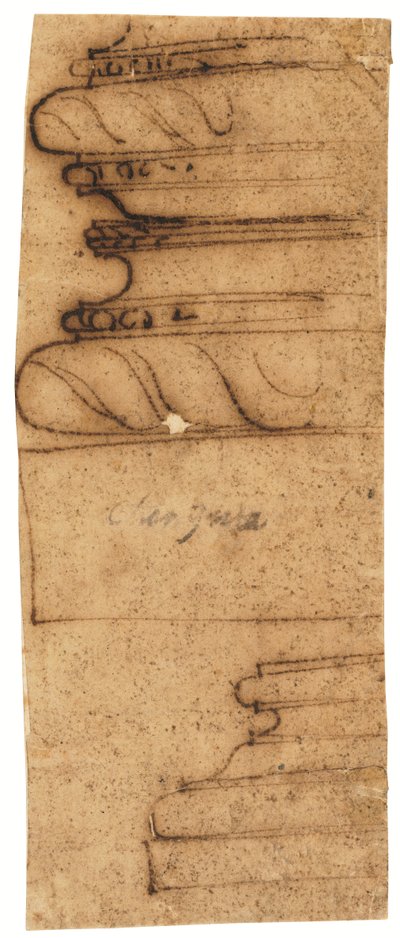 Två arkitektoniska fragment (penna och brunt bläck, på oljat kalkerpapper) av Raffaello da Montelupo