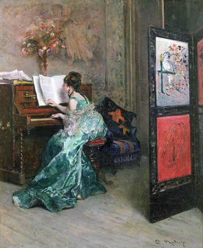 Dam som spelar piano i en interiör av Raimundo de Madrazo y Garreta