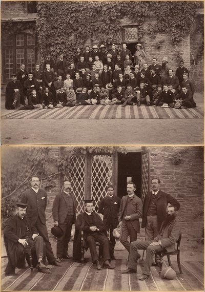 Rektor och lärare vid Bishop Cotton School, Shimla (framsida); elever i mellanklassen och personal vid Bishop Cotton School, Shimla (baksida) av Raja Deen Dayal