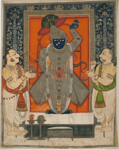 Präster som dyrkar Krishna som Shrinathji för Mountain of Food-festivalen [Annakuta utsava]; helgedom hängande [pichhavai] av Rajasthan Kota school
