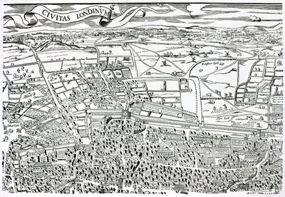 Detalj av London norr om staden från Civitas Londinium (träblocktryck) av Ralph Agas