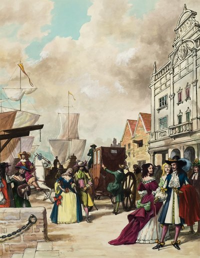 Kung Charles II (1630-85) återställer teatern (gouache på papper) av Ralph Bruce