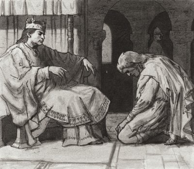 Walteof, jarl av Northumbria inför kung Vilhelm I (gouache på papper) av Ralph Bruce