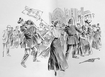 The Irrepressible Suffragettes skapar en avledning i lobbyn, från en artikel med titeln 