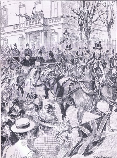 The Queens senaste besök i London mars 1900, illustration från Cassells History of England, 1900-talet av Ralph Cleaver