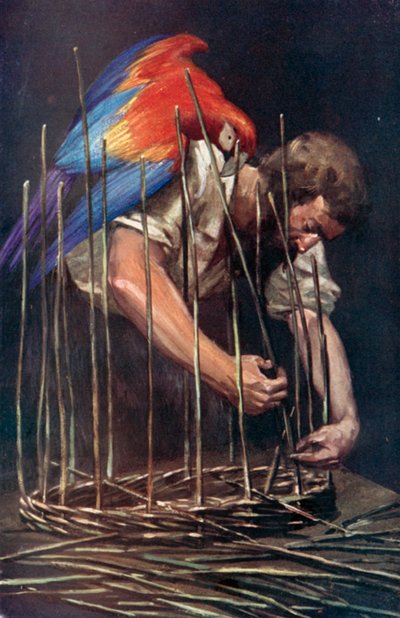 Illustration för Robinson Crusoe av Daniel Defoe (färg litho) av Ralph Noel Pocock