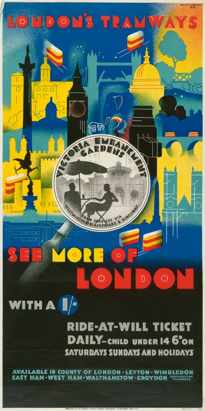 "Se mer av London med en Shilling", London County Council LCC Tramways affisch, 1933 av Ralph and Brown Studios