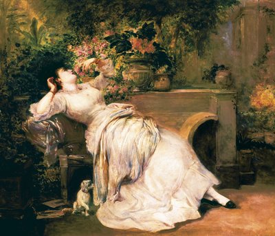 Kvinna i en trädgård. Målning av Ramon Marti i Alsina (1826-1894), 1800-talets andra hälft. av Ramón Martí Alsina