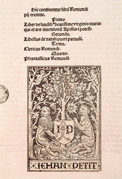 Sida i kodexen "De Laudibus Beatissimae Virginis Mariae" av Ramon Llull (1235-1315), föreställande två lejon som håller tryckaren Jehan Petits vapensköld. av Ramon Llull