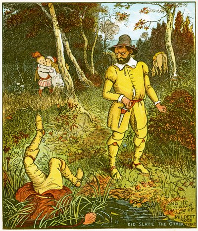 "Och den som var av mildaste humör, dräpte den andre där", illustration från Babes in the wood av Randolph Caldecott