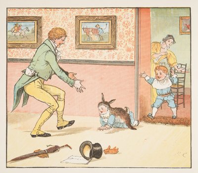 Babybunting insvept i kaninskinn, från The Hey Diddle Diddle Picture Book, pub.1882 (färggravyr) av Randolph Caldecott