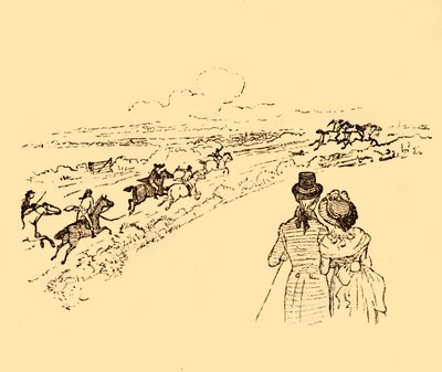 Åskådare tittar på när John Gilpin jagas över landsbygden, 1878, c1918. av Randolph Caldecott