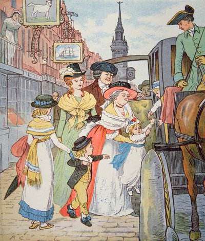 Familjeliv i det koloniala Amerika - Gatubild i Boston (akvarell på papper) av Randolph Caldecott