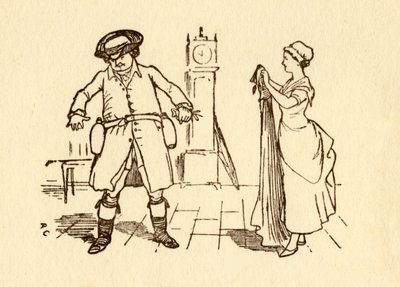 John Gilpin fäster vinflaskor på sitt bälte, 1878, c1918. av Randolph Caldecott