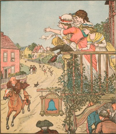 John Gilpin galopperar förbi Bell Inn när hans fru och barn vinkar från balkongen, 1878, c1918. av Randolph Caldecott