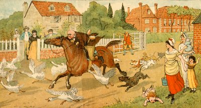 John Gilpin galopperar genom en by, 1878, c1918. av Randolph Caldecott