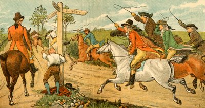 John Gilpin på sin bultande häst jagas av förbipasserande, 1878, c1918. av Randolph Caldecott
