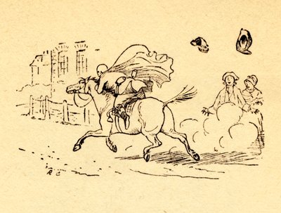 John Gilpins häst bultar och hans hatt och peruk blåser av, 1878, c1918. av Randolph Caldecott