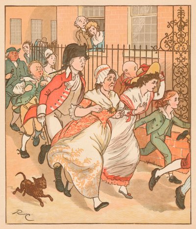 Grannar som rusar för att hjälpa den gode mannen från Islington, c1879. av Randolph Caldecott
