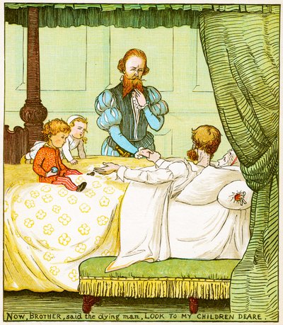"Nu, bror, sa den döende mannen, se till mina barn kära", illustration från Babes in the wood av Randolph Caldecott