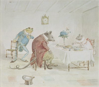 "Be, miss Mouse, vill du ge oss lite öl", illustration från "A Frog He Would A-Wooing Go" av Randolph Caldecott
