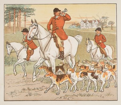 The Huntsman Blows his Horn, från The Hey Diddle Diddle Picture Book, pub.1882 (färggravyr) av Randolph Caldecott