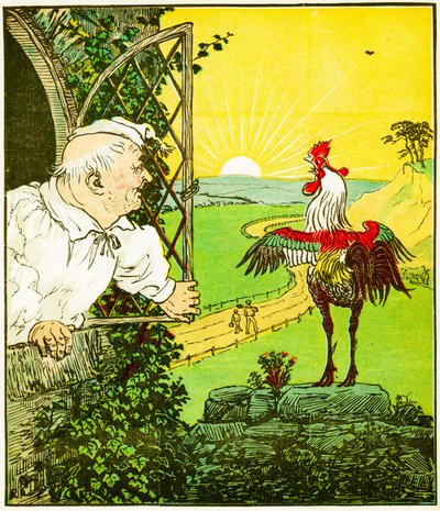 "Det här är tuppen som galade på morgonen, som väckte domaren helt rakad och klippt", illustration från The House that Jack Built av Randolph Caldecott